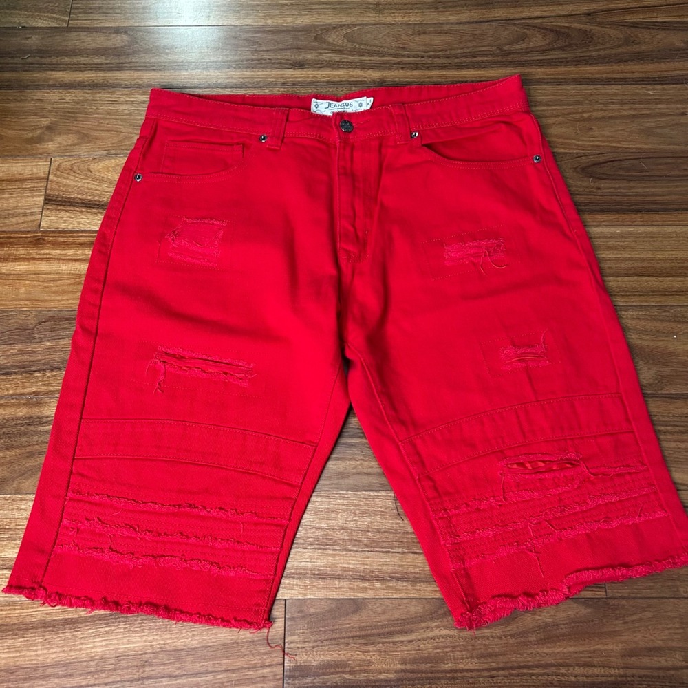 Akademiks Jeanius Mens Red Distressed Moto Denim Shorts Size 34 Streetwear